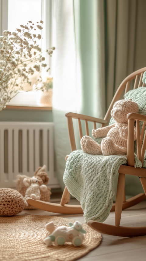 Calming Scandinavian Nursery with Rocking Chair and Knitted Toys