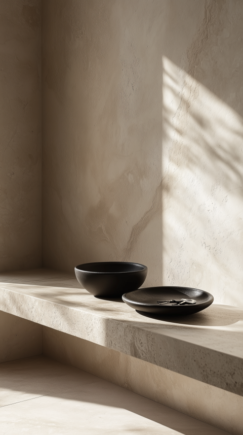 Minimalist Entryway with Floating Shelf and Ceramic Key Dish