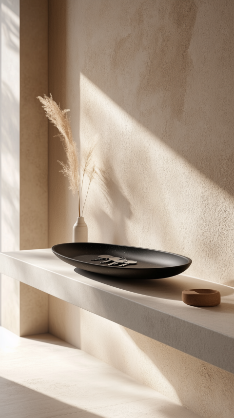 Sleek Entryway with Floating Shelf and Ceramic Key Dish Details