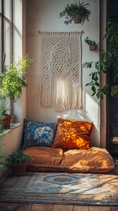 Calming Coastal Bedroom Bench with Striped Cushions and Rope Mirror