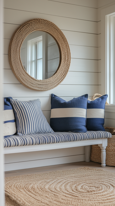 Stylish Coastal Bedroom Bench with Striped Cushions and Rope Mirror