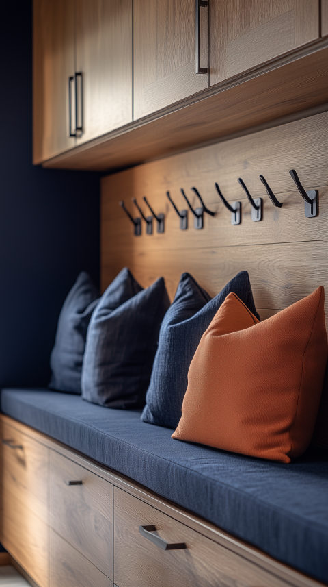 Balanced Coastal Bedroom Bench with Striped Cushions and Rope Mirror
