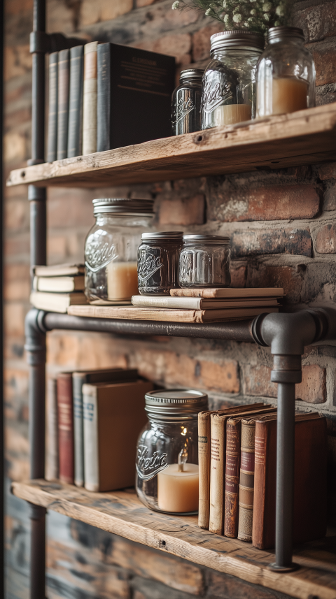 Industrial Pipe Shelf with Mason Jar Lighting and Vintage Books