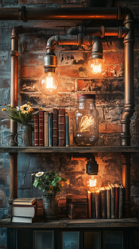 Sophisticated Industrial Pipe Shelf with Mason Jar Lighting and Books