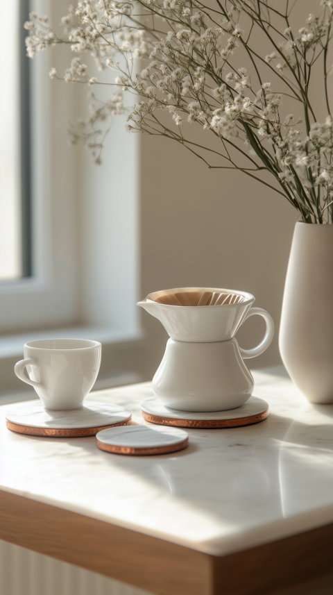 Minimalist Coffee Station with Pour-Over Set and Marble Coasters
