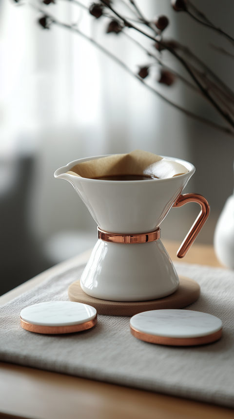 Sleek Coffee Station with Pour-Over Set and Marble Coasters