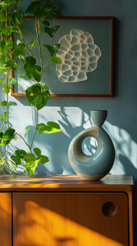 Stylish Mid-Century Credenza with Ceramic Sculptures and Ivy
