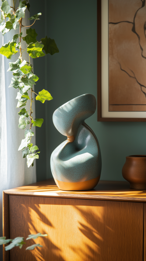 Balanced Mid-Century Credenza with Ceramic Sculptures and Ivy Details