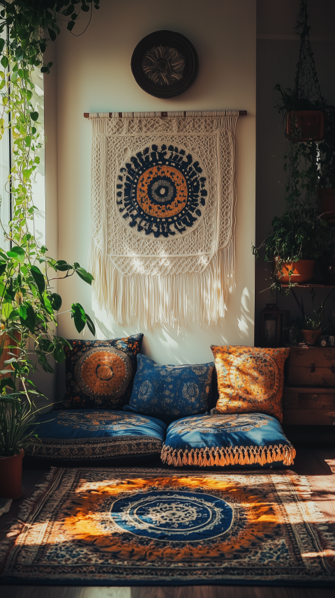 Modern Patio Setup with Concrete Fire Pit and Wool Throws