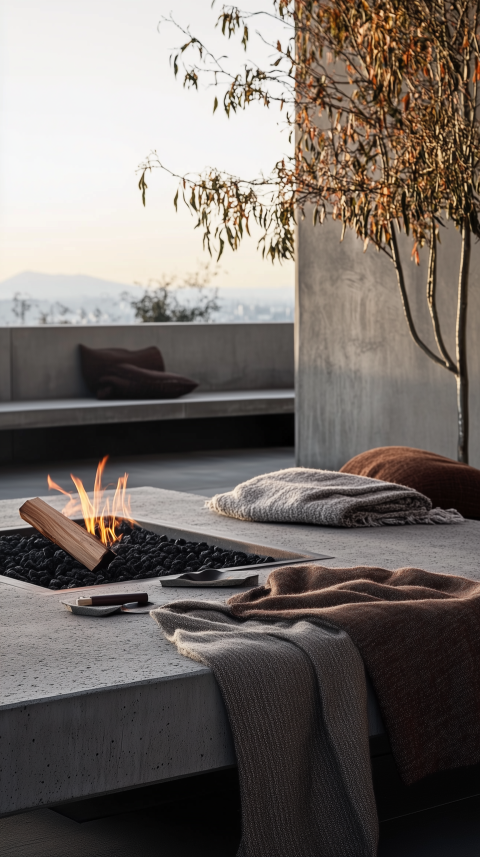 Sleek Patio Setup with Concrete Fire Pit and Wool Throws