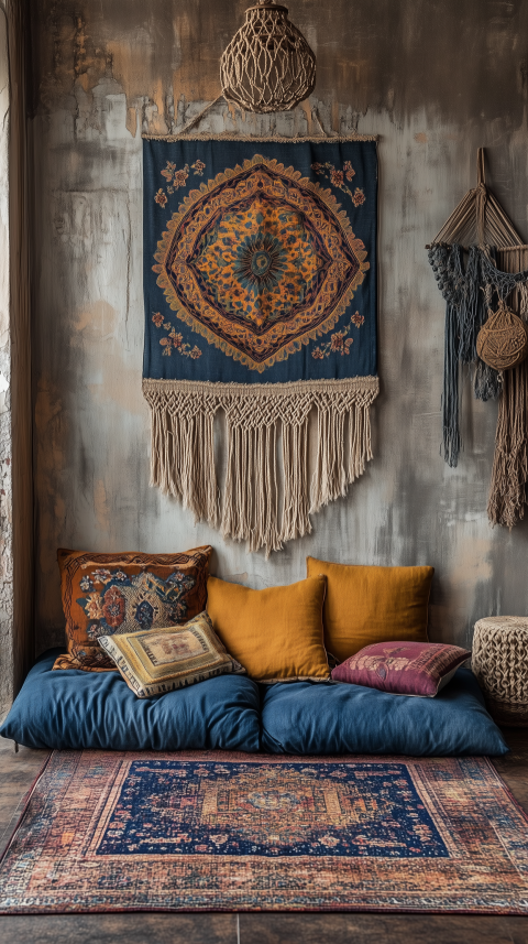 Balanced Bohemian Floor Cushion Setup with Embroidered Pillows and Macramé