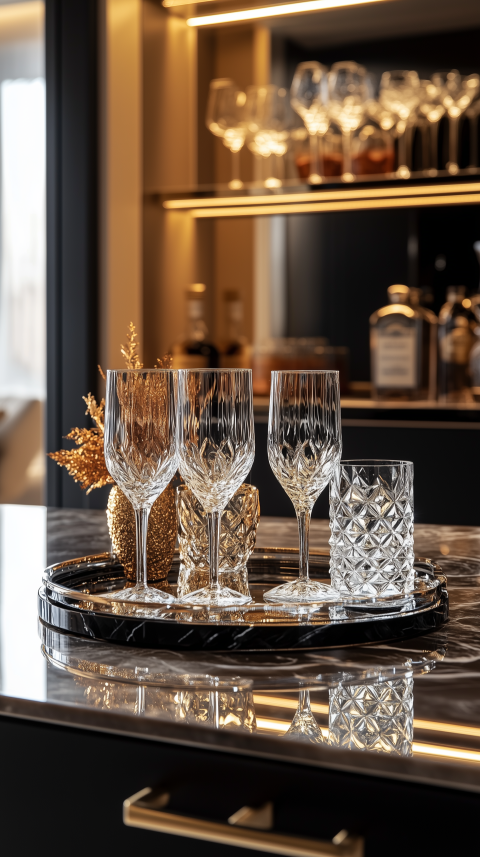 Luxurious Home Bar with Crystal Glasses and Mirrored Tray