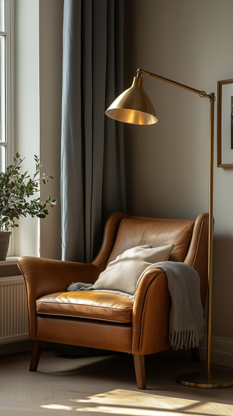 Cozy Reading Nook with Leather Armchair and Brass Floor Lamp