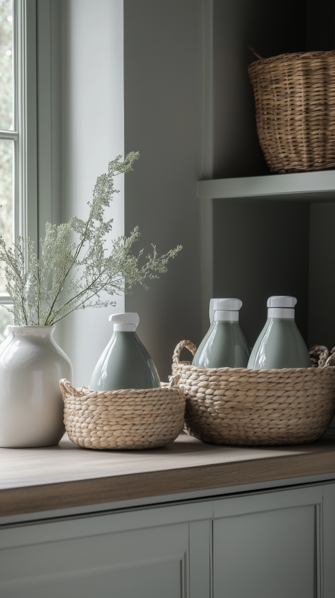 Functional Scandinavian Laundry Room with Woven Baskets and Bottles Details