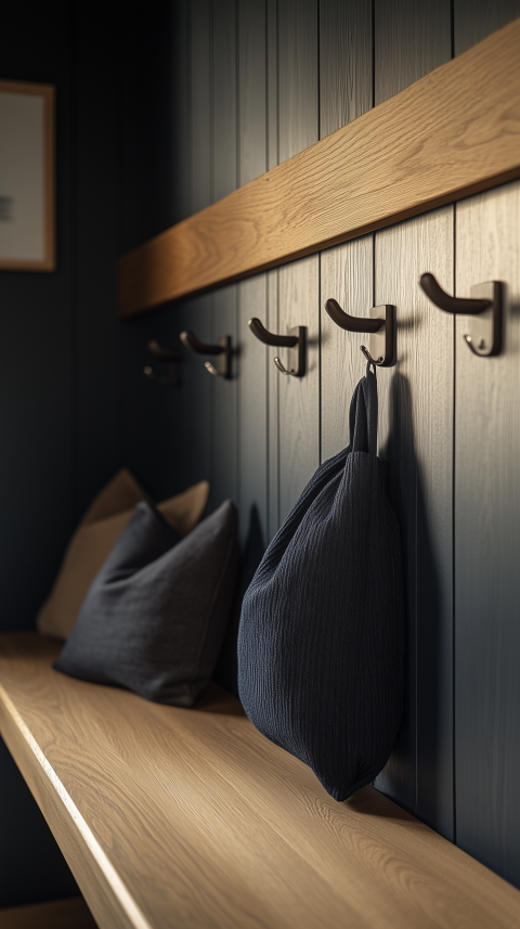 Functional Mudroom with Floating Hooks and Minimalist Storage Bench Details